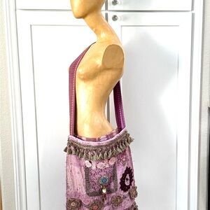 Purple Bohemian Women's Bag . Handmade with up cycled crochet vintage lace.